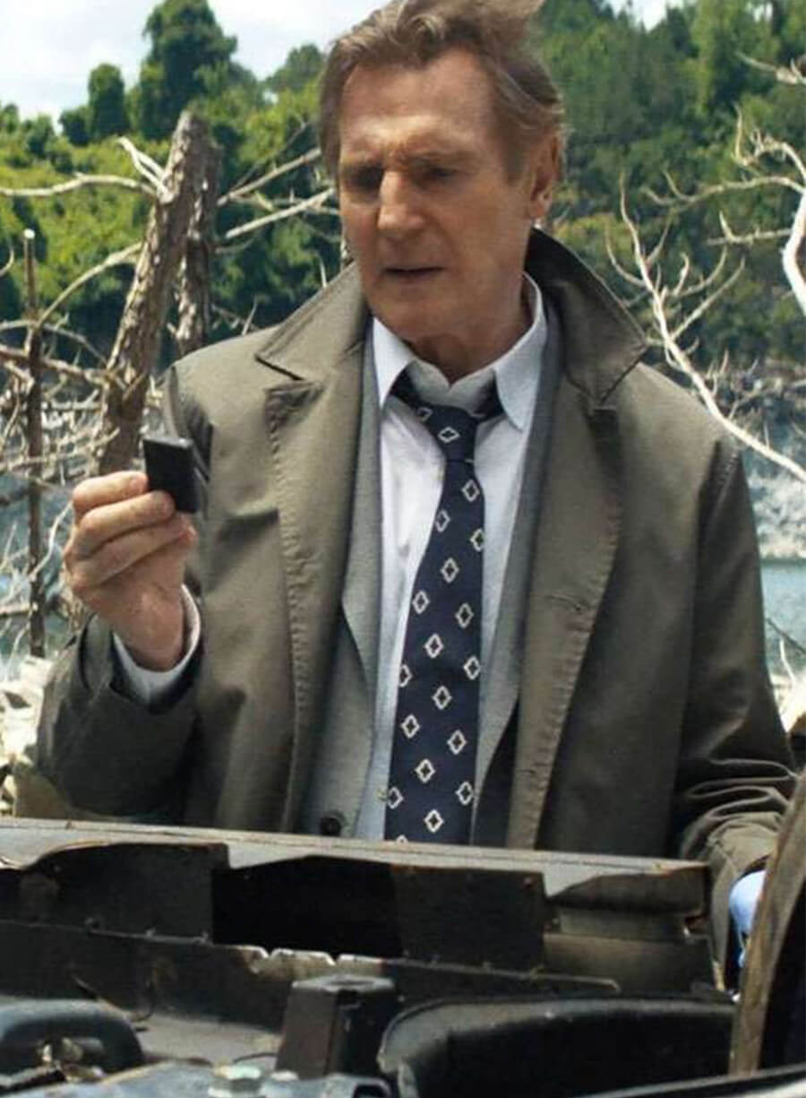 Liam Neeson The Naked Gun 2025 Frank Drebin Jr. Grey Coat