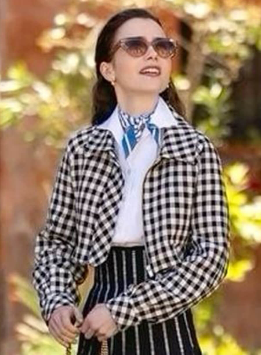 Lily Collins Emily In Paris Emily Black White Plaid Jacket