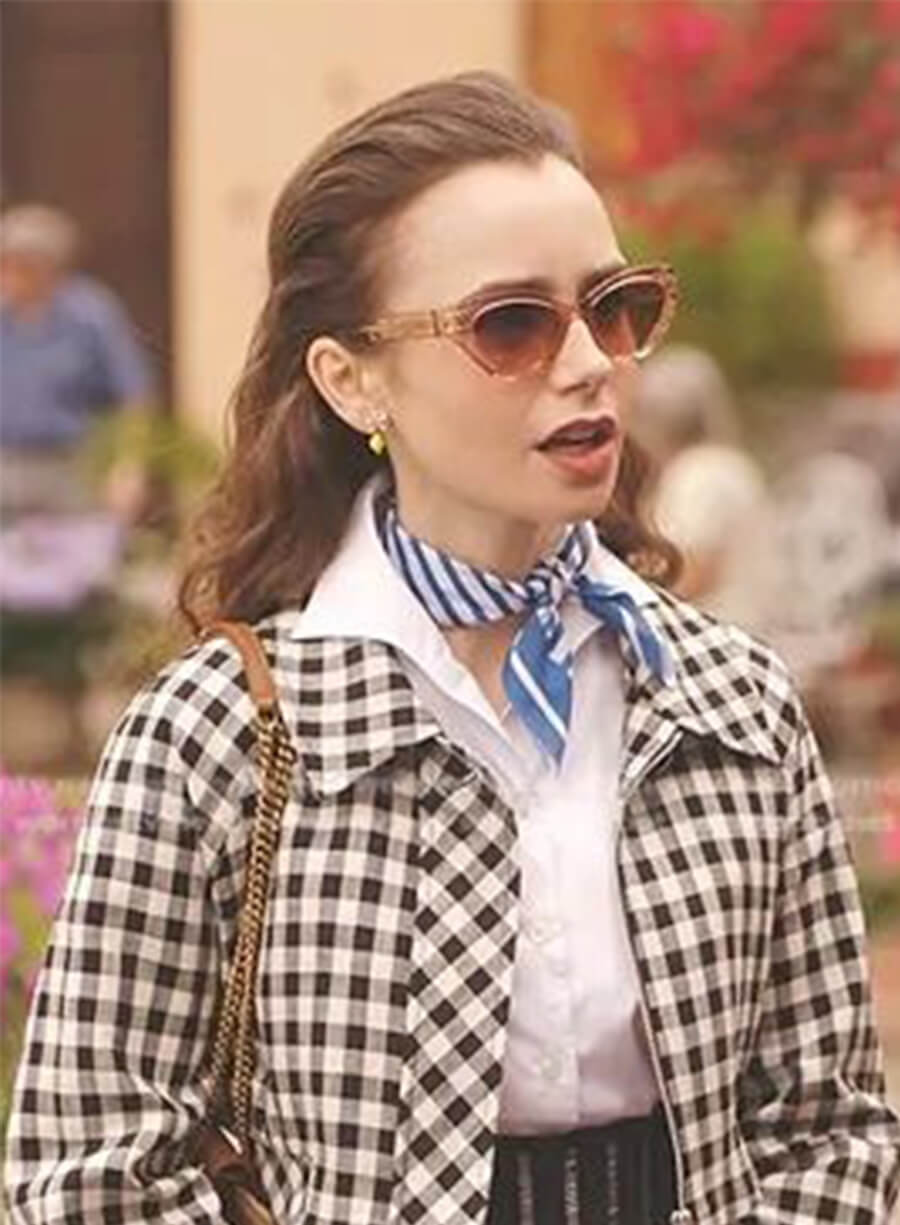 Lily Collins Emily In Paris Emily Black White Plaid Jacket