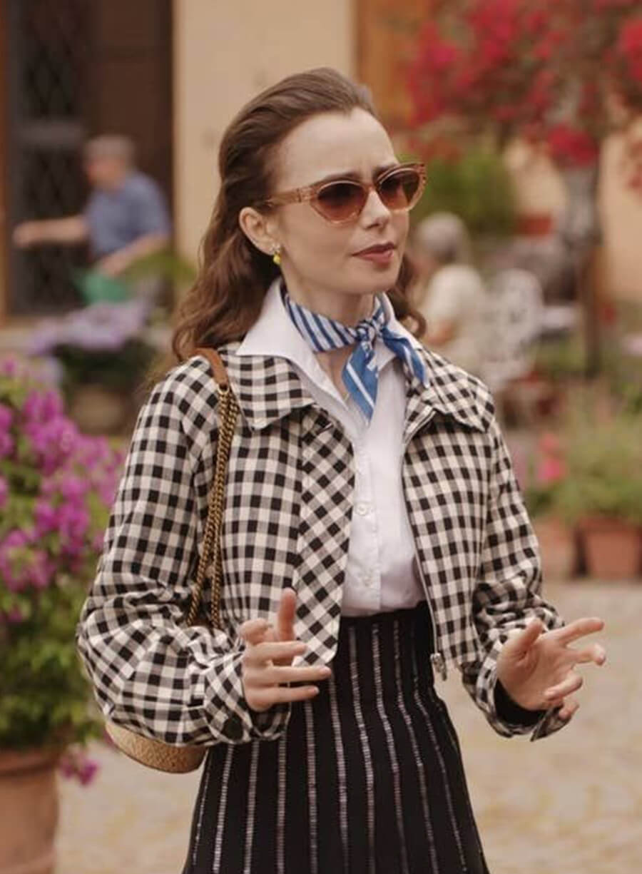 Lily Collins Emily In Paris Emily Black White Plaid Jacket