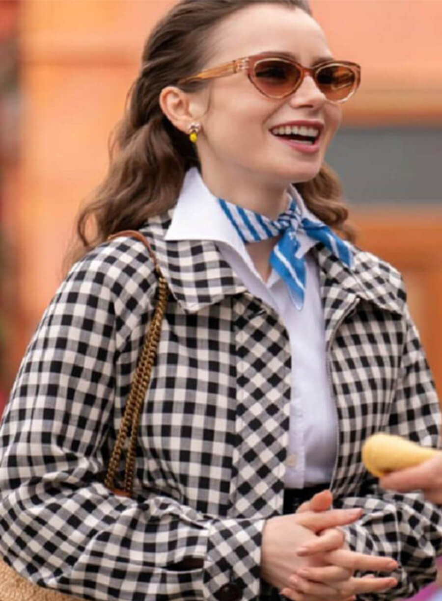 Lily Collins Emily In Paris Emily Black White Plaid Jacket