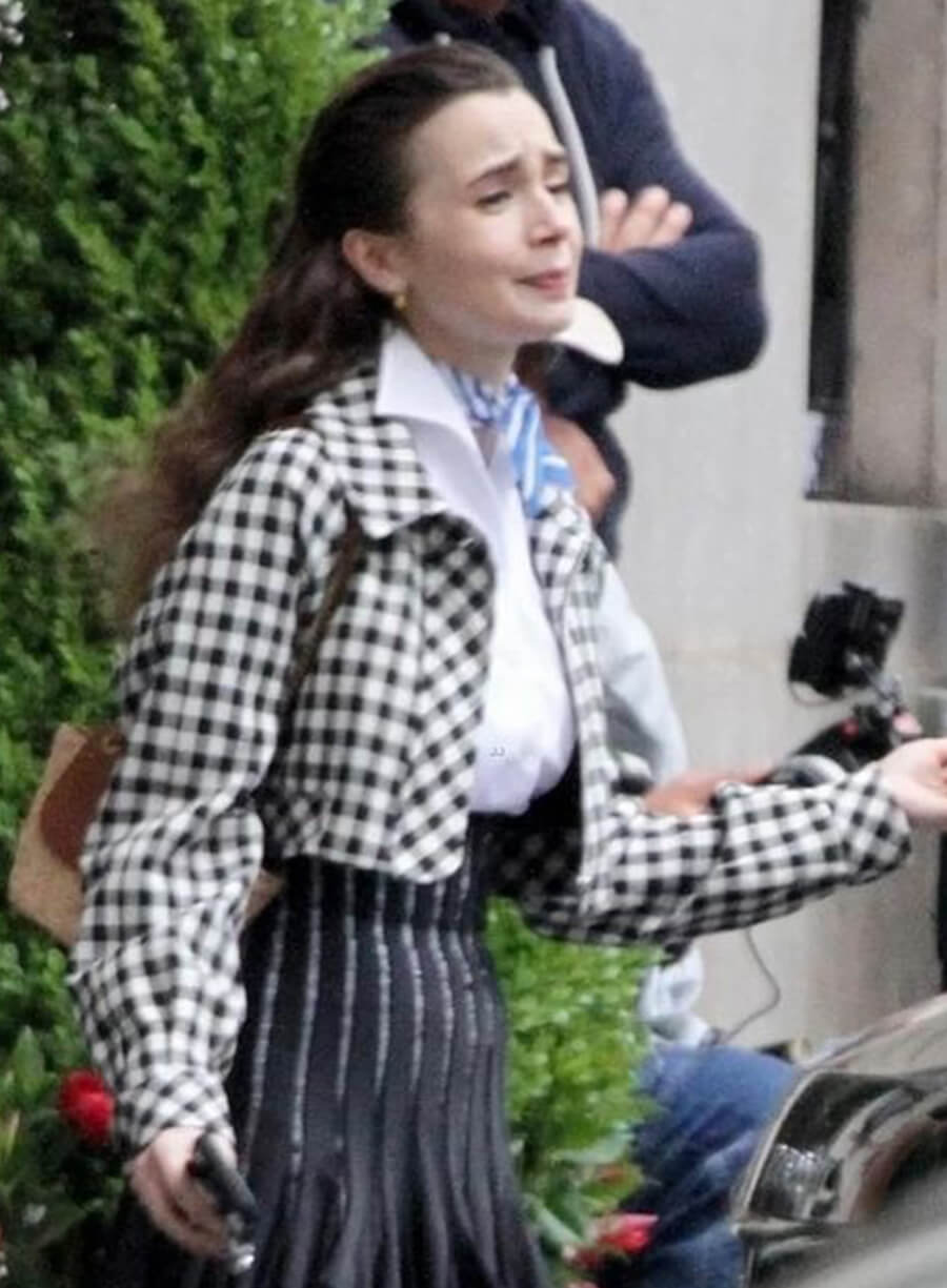 Lily Collins Emily In Paris Emily Black White Plaid Jacket