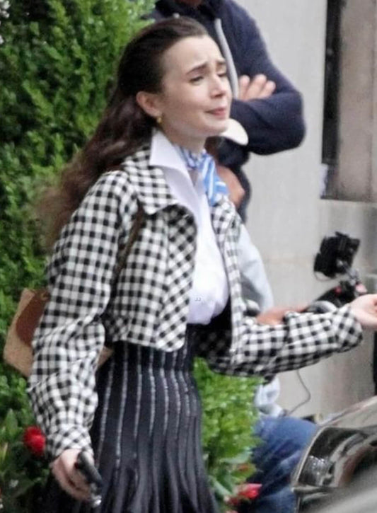 Lily Collins Emily In Paris Emily Black White Plaid Jacket