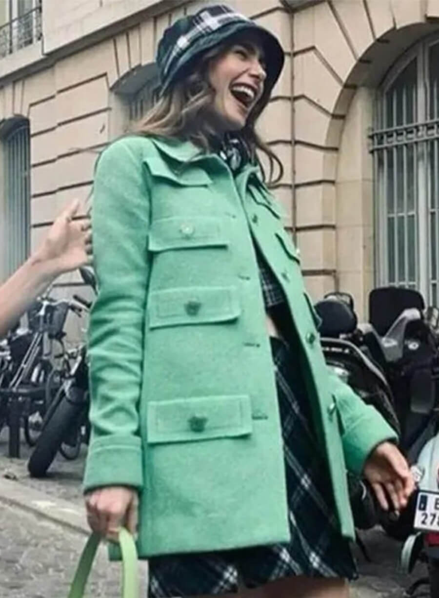 Lily Collins Emily In Paris Emily Green Wool Coat