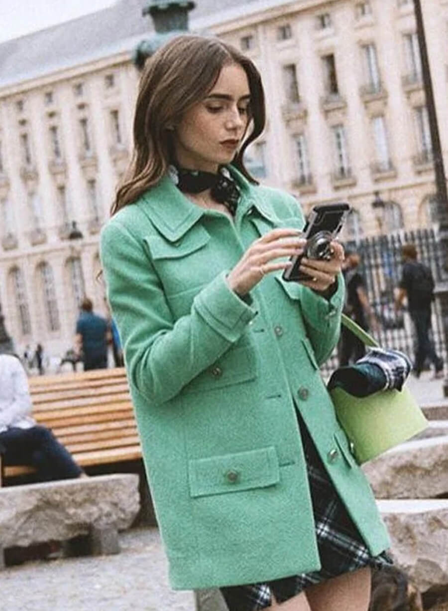 Lily Collins Emily In Paris Emily Green Wool Coat