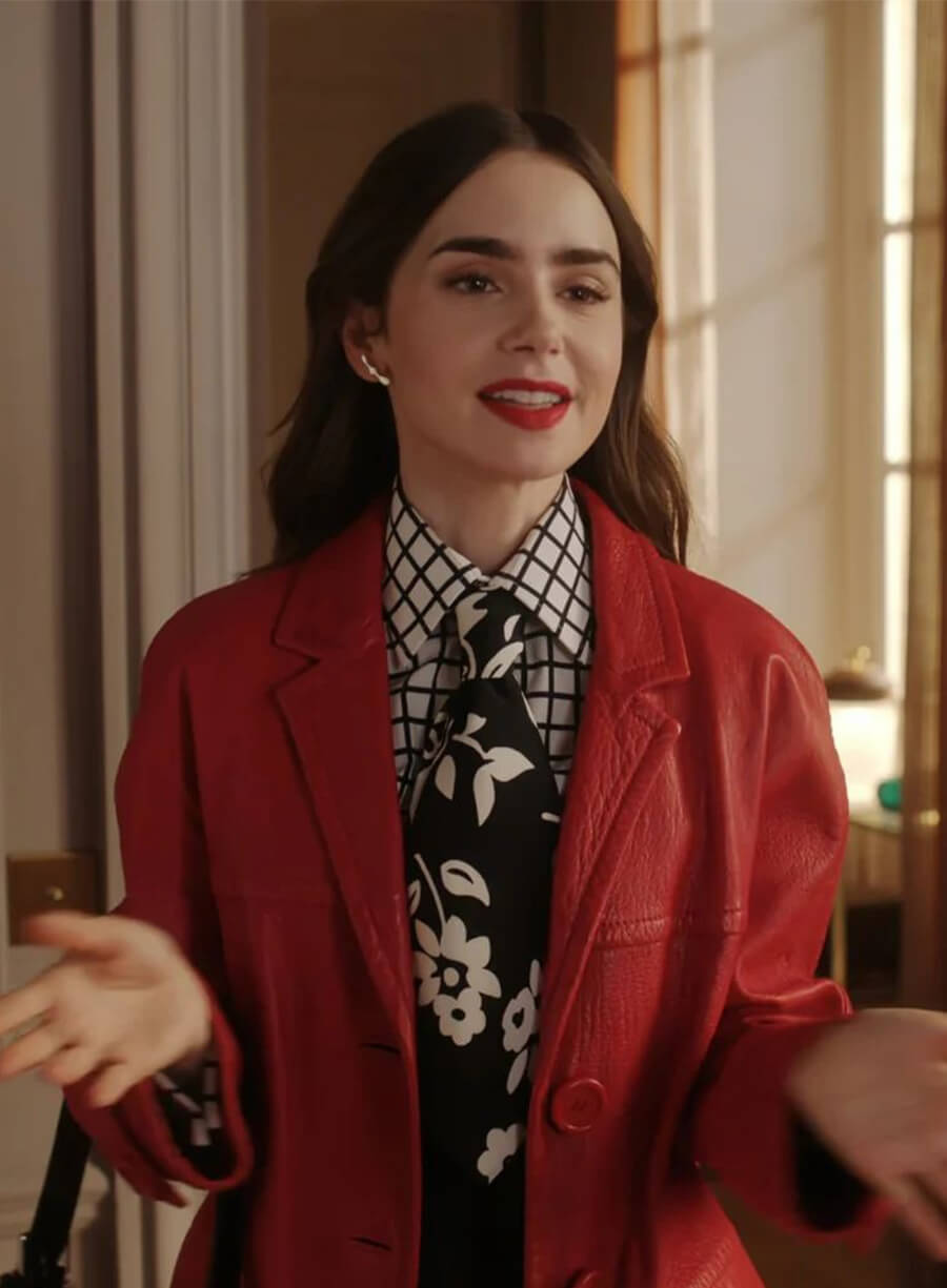Lily Collins Emily In Paris Emily Red Leather Coat