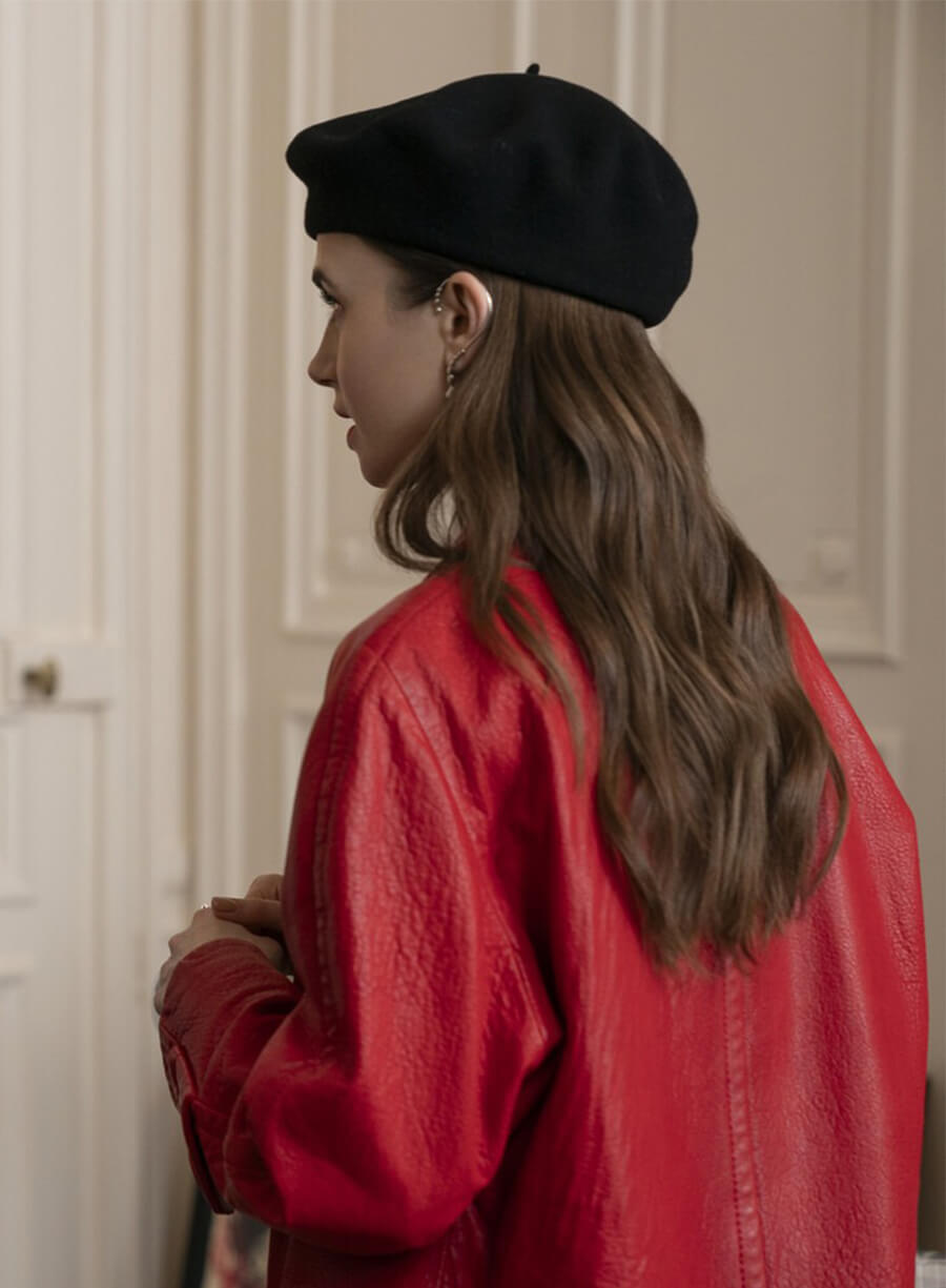 Lily Collins Emily In Paris Emily Red Leather Coat