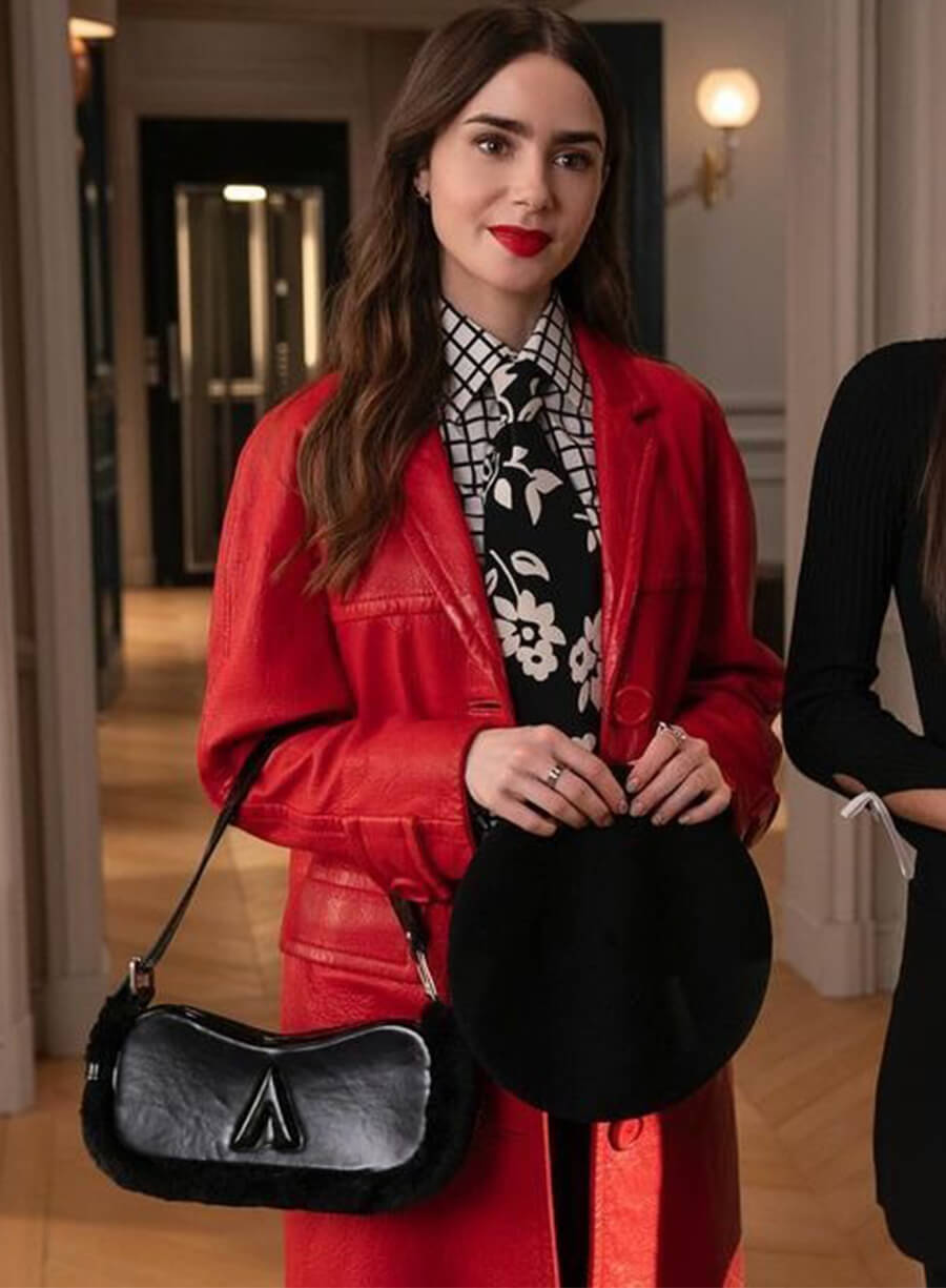 Lily Collins Emily In Paris Emily Red Leather Coat