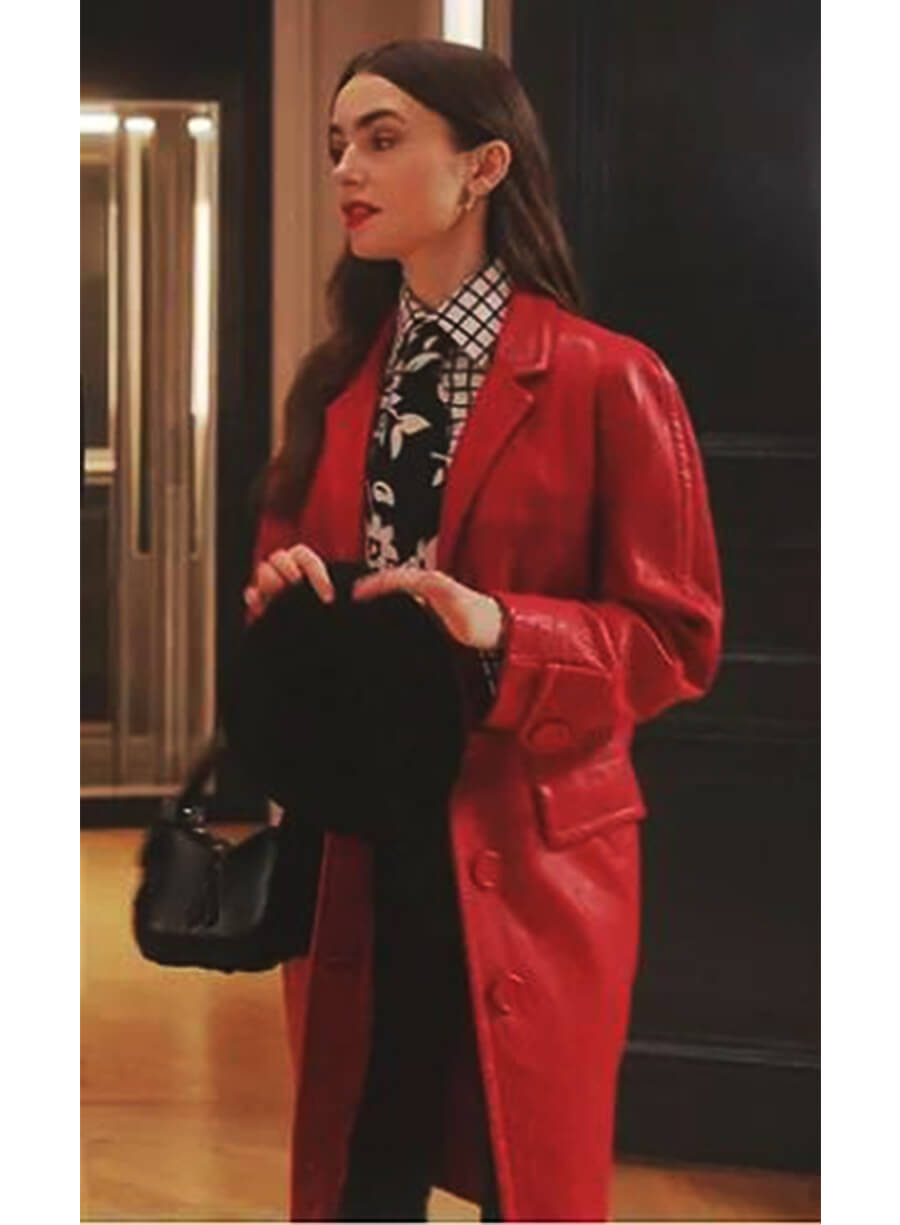 Lily Collins Emily In Paris Emily Red Leather Coat