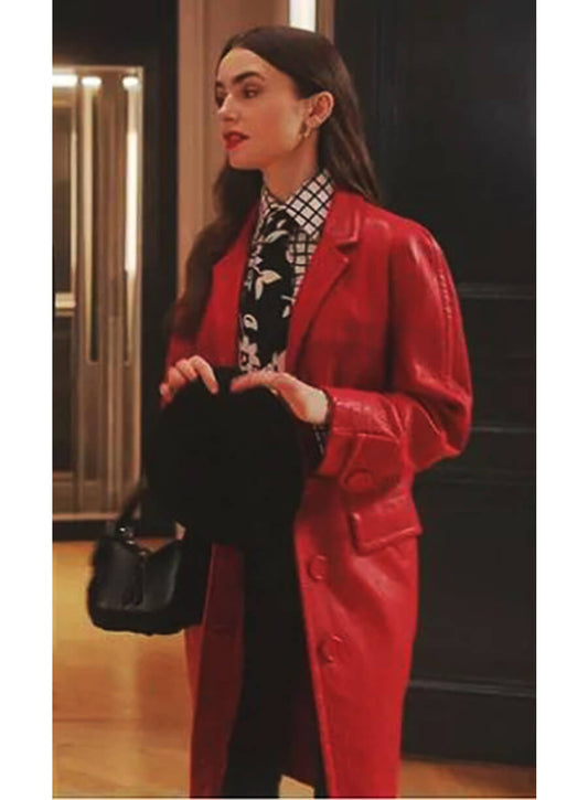 Lily Collins Emily In Paris Emily Red Leather Coat