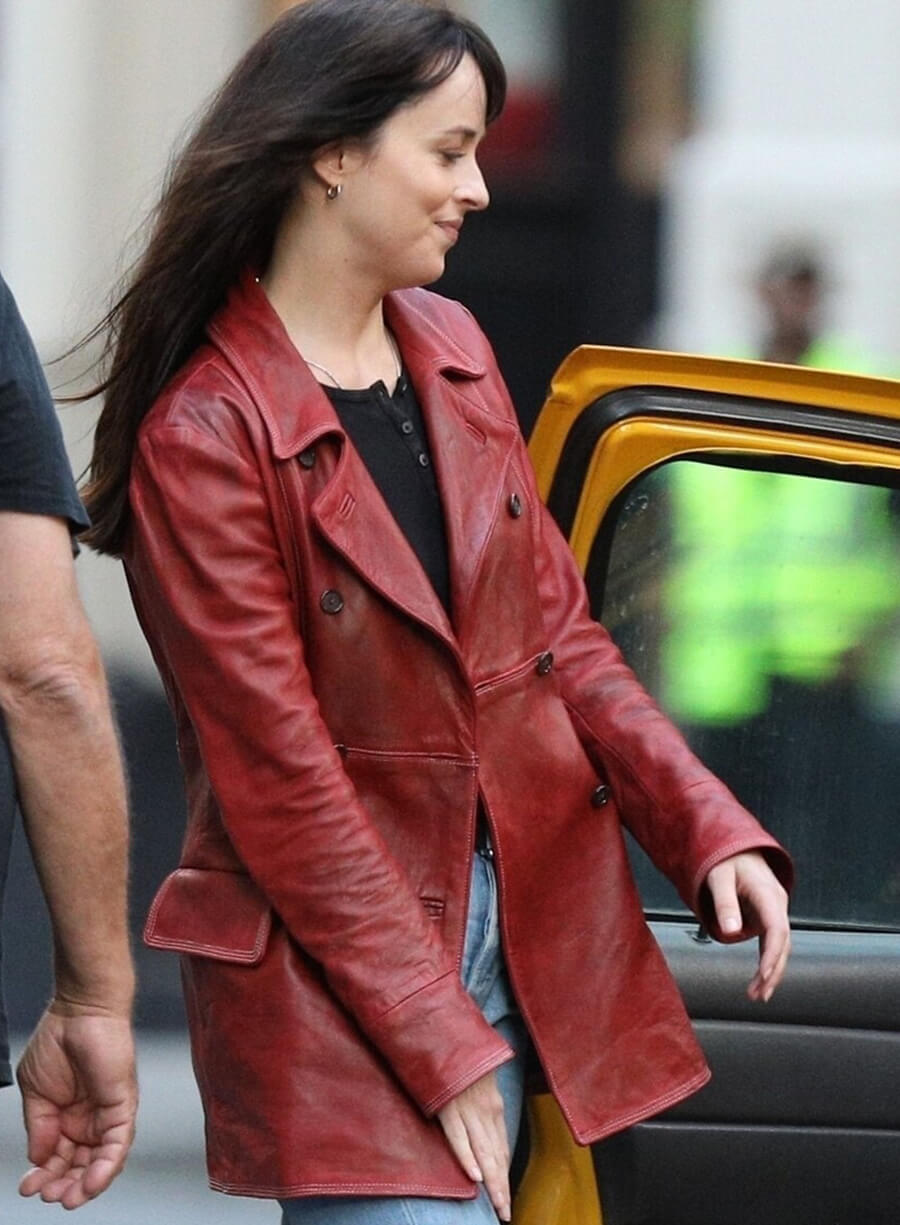 Madame Web Dakota Johnson Maroon Leather Jacket Coat