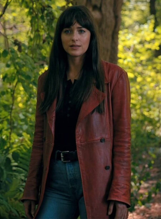 Madame Web Dakota Johnson Maroon Leather Jacket Coat
