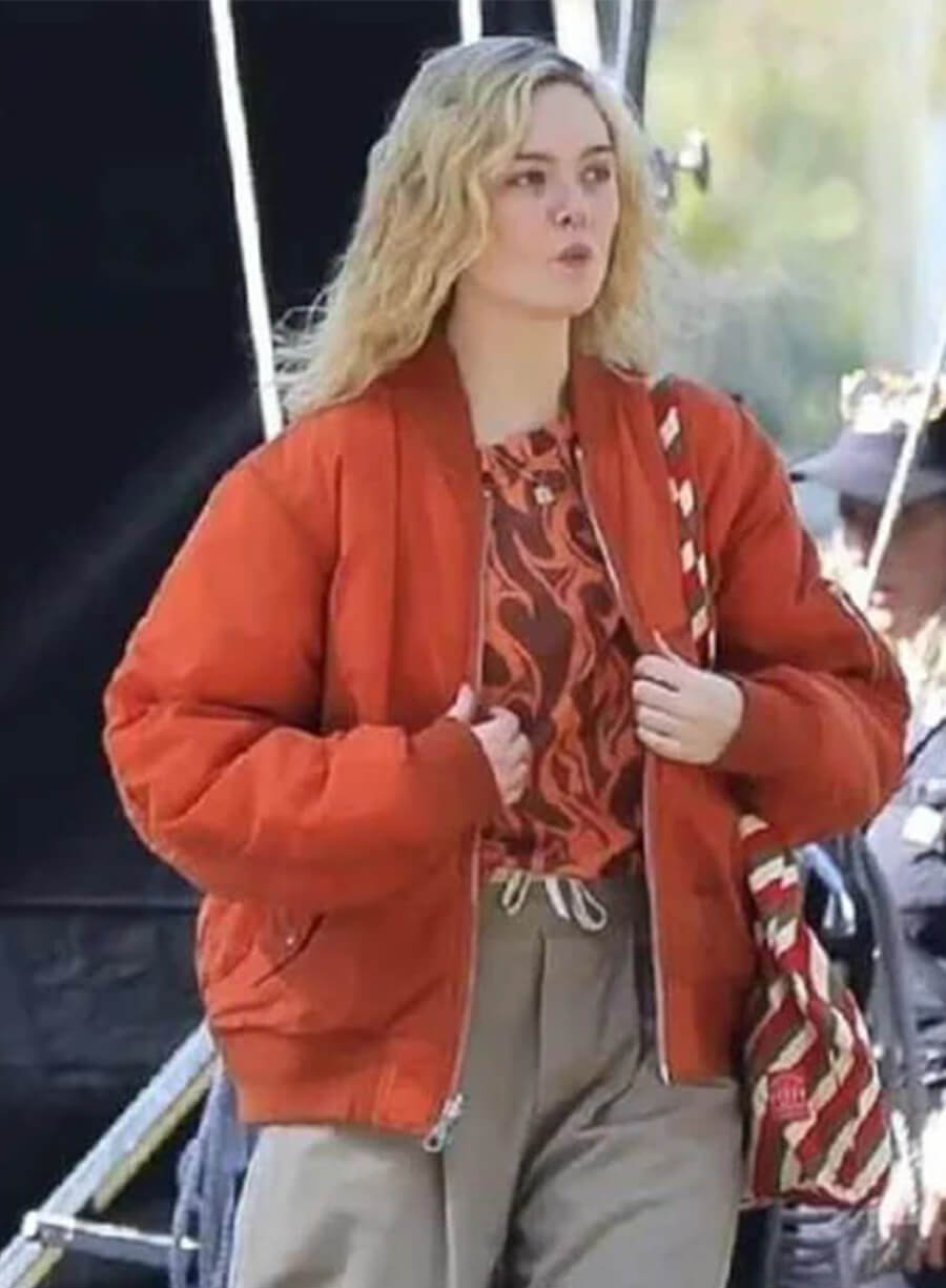 Margo’s Got Money Troubles Elle Fanning Orange Bomber Jacket