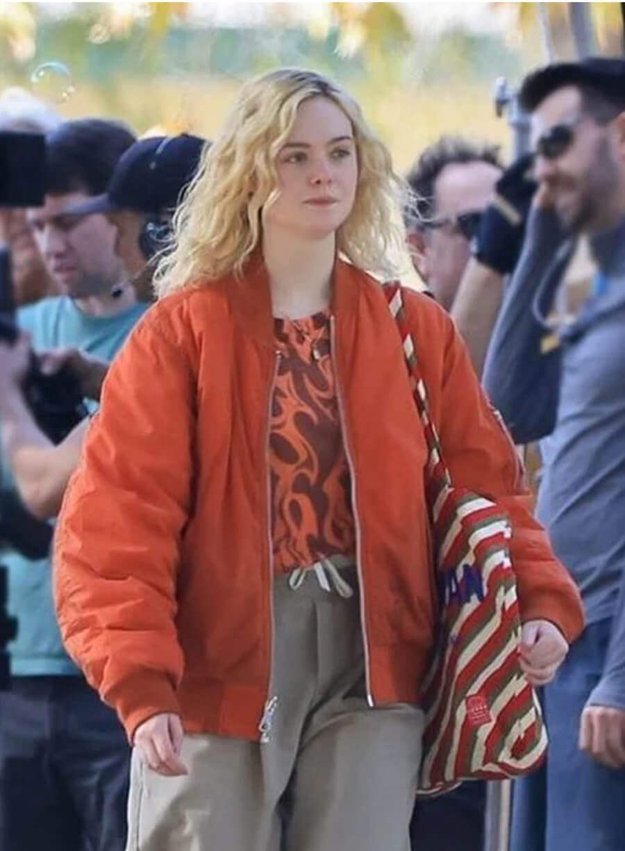 Margo’s Got Money Troubles Elle Fanning Orange Bomber Jacket