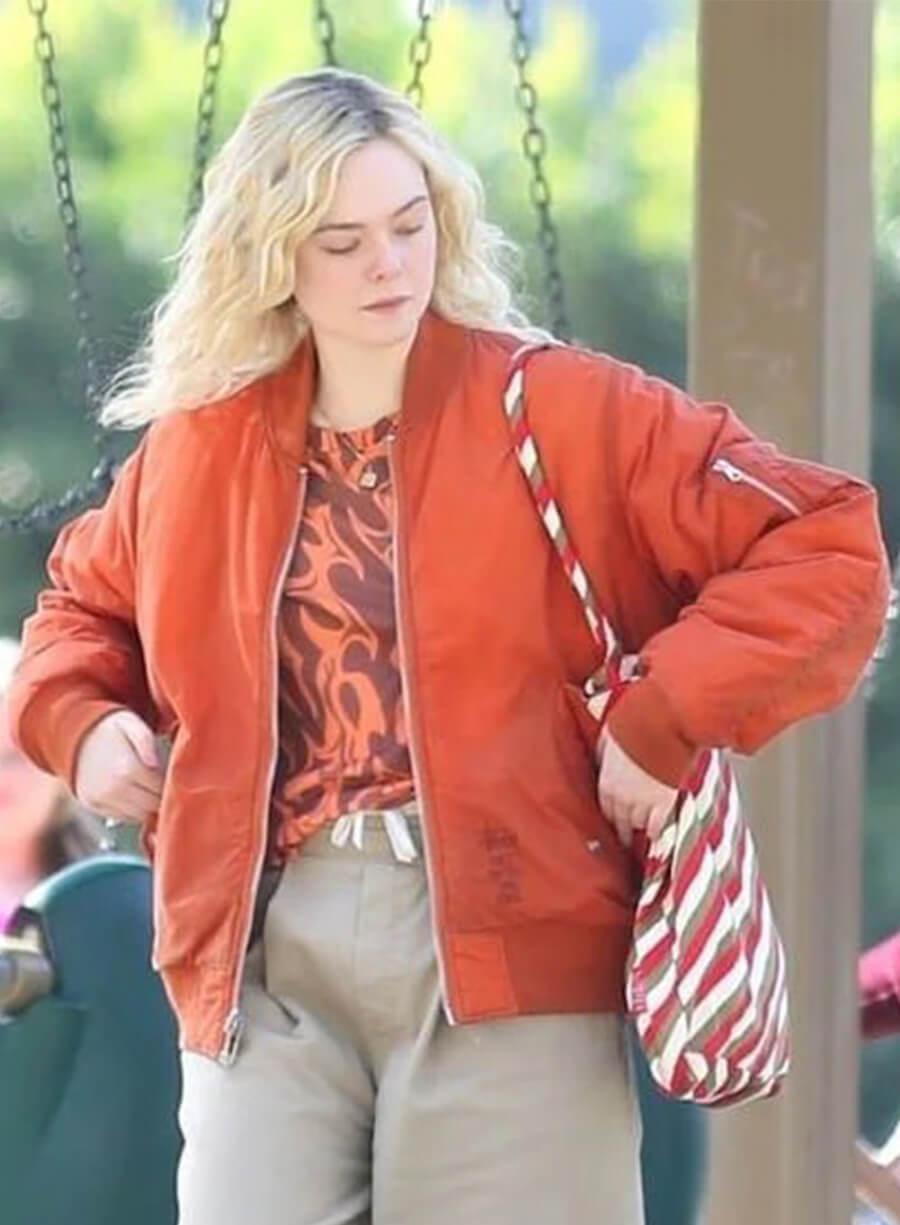 Margo’s Got Money Troubles Elle Fanning Orange Bomber Jacket