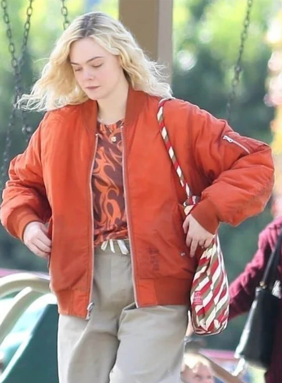 Margo’s Got Money Troubles Elle Fanning Orange Bomber Jacket