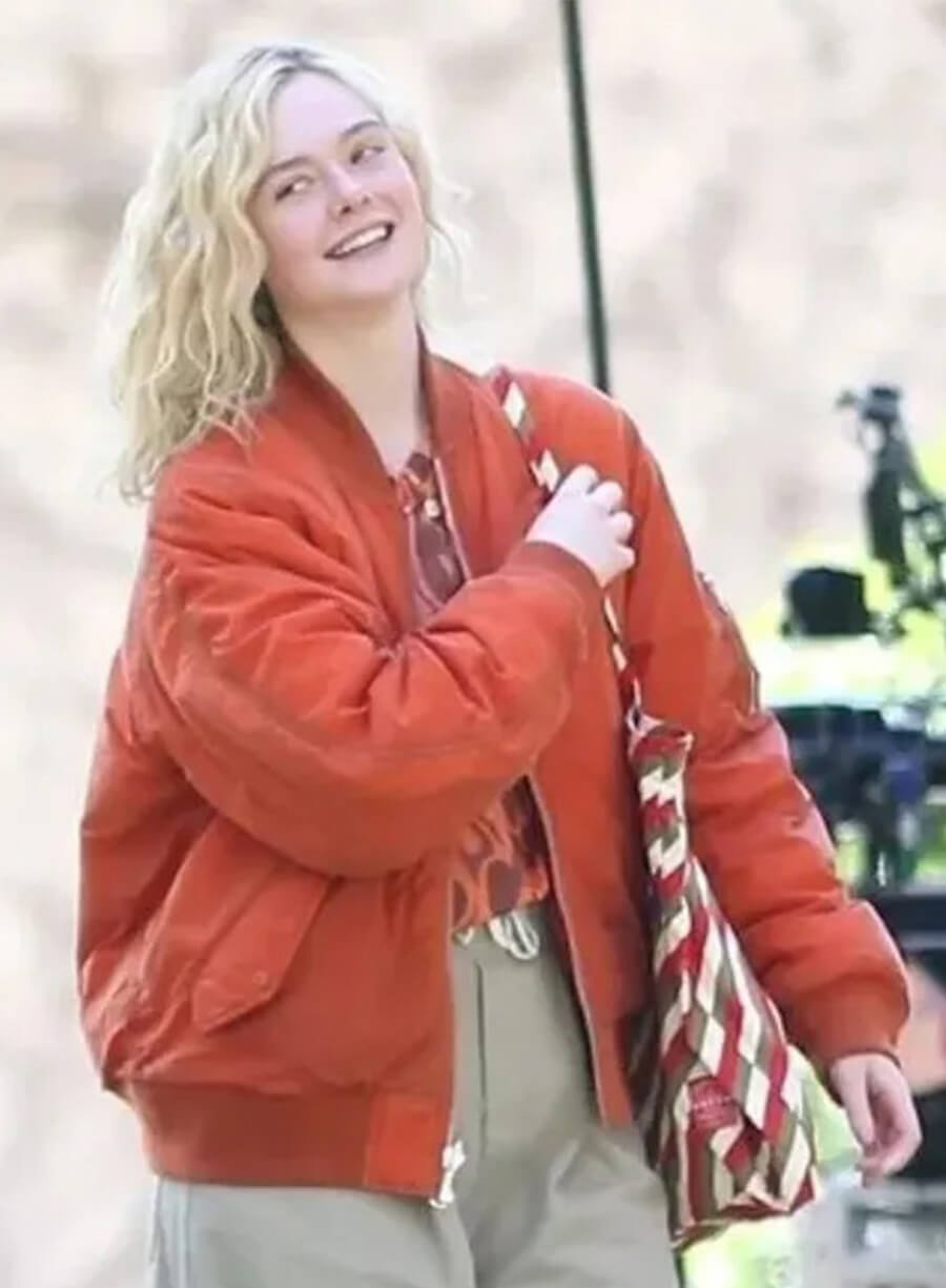 Margo’s Got Money Troubles Elle Fanning Orange Bomber Jacket