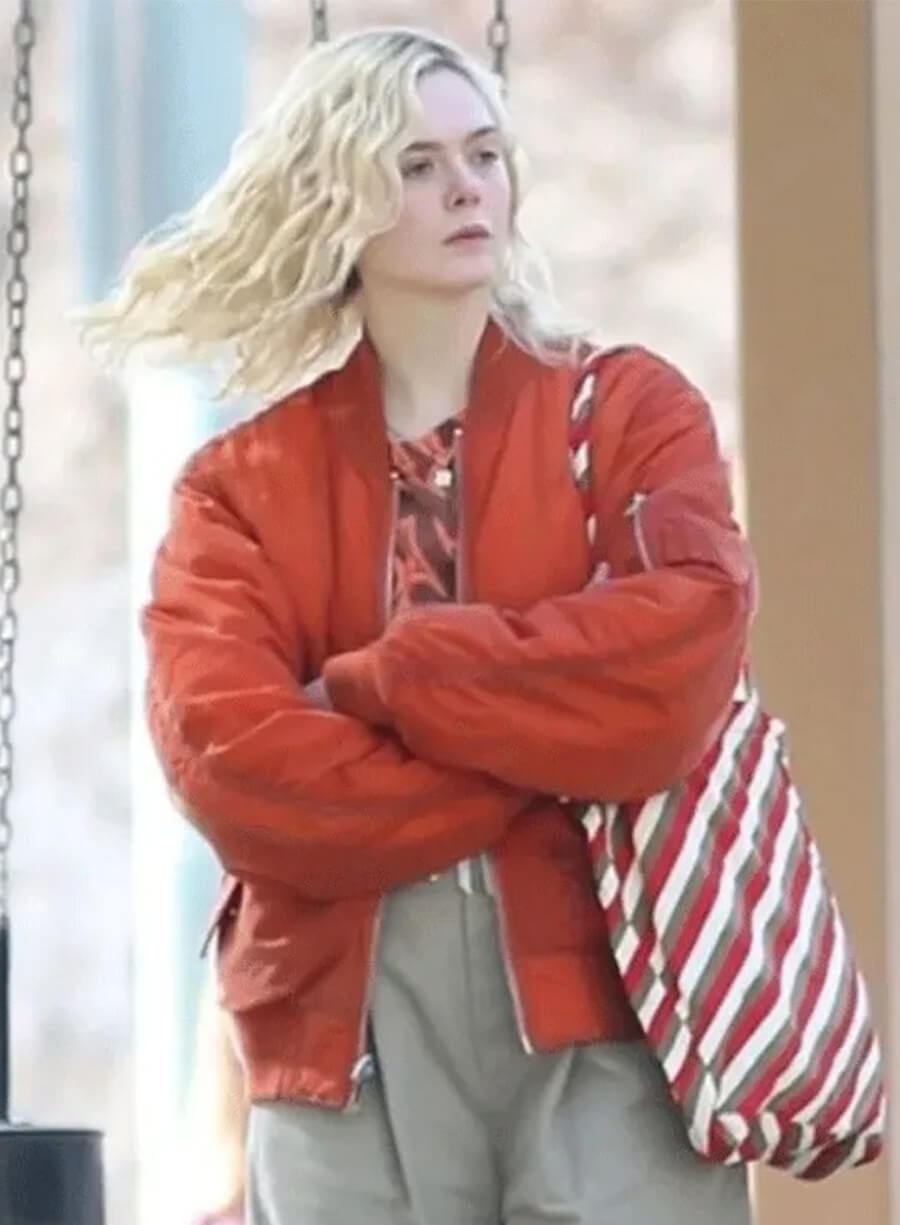 Margo’s Got Money Troubles Elle Fanning Orange Bomber Jacket