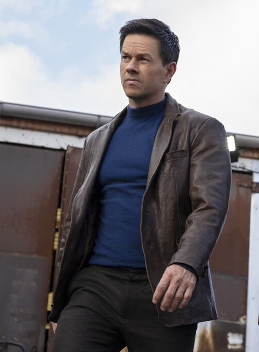 Mark Wahlberg Play Dirty 2025 Park Brown Leather Blazer