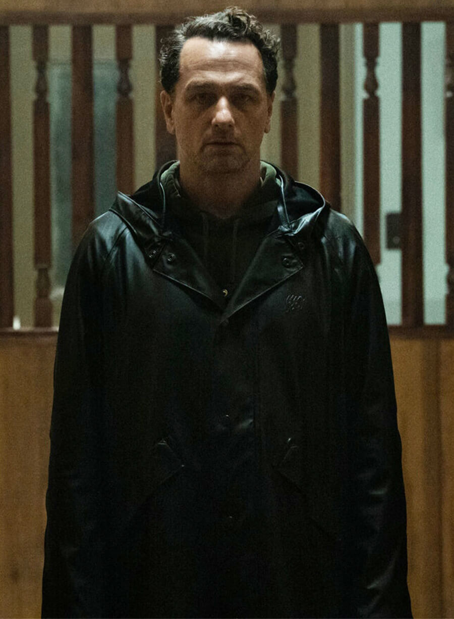 Matthew Rhys Widow's Bay 2026 Tom Loftis Black Hooded Jacket 