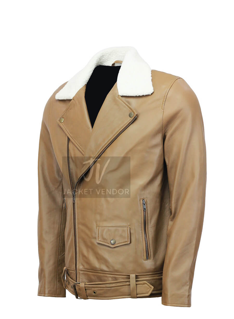 Mens Camel Motorcycle Leather Fur Collar Jacket