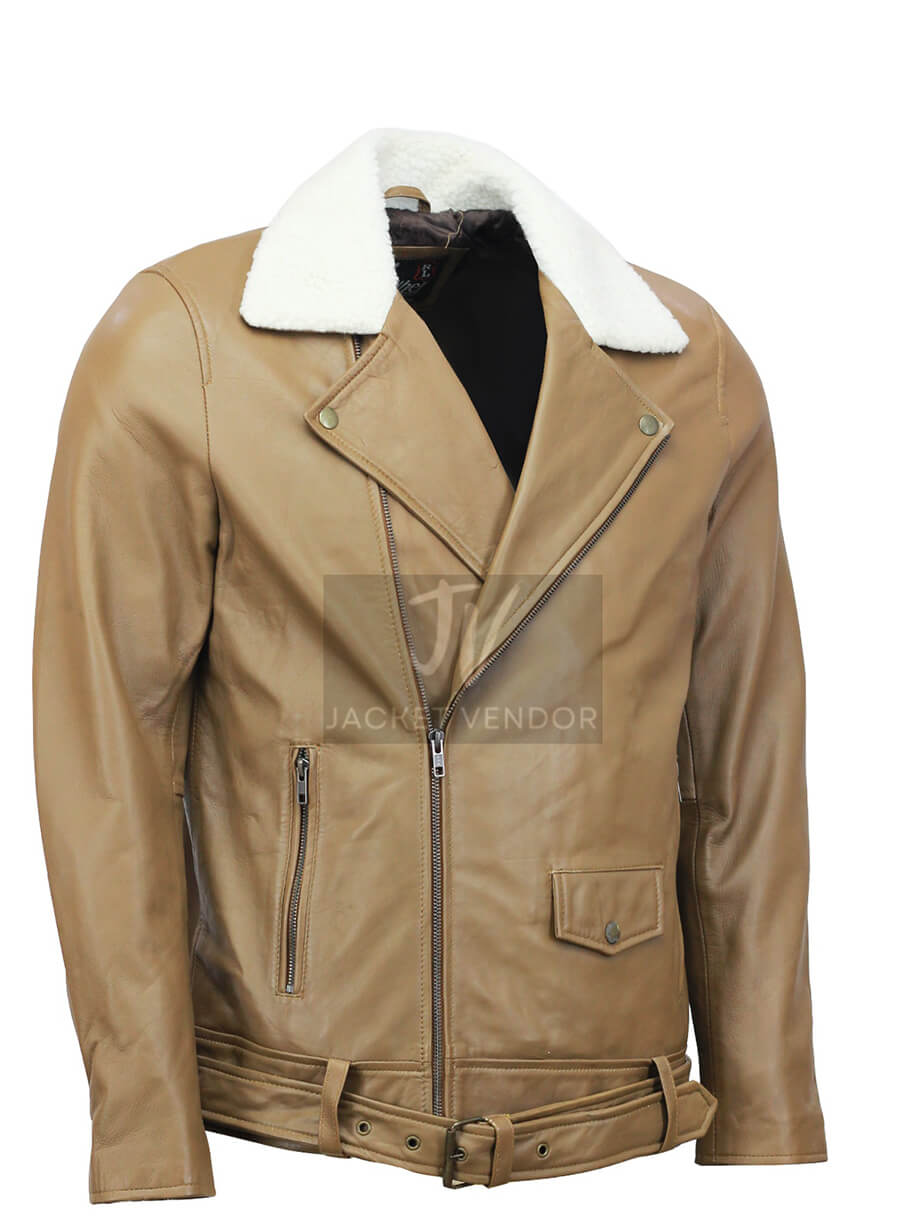 Mens Camel Motorcycle Leather Fur Collar Jacket