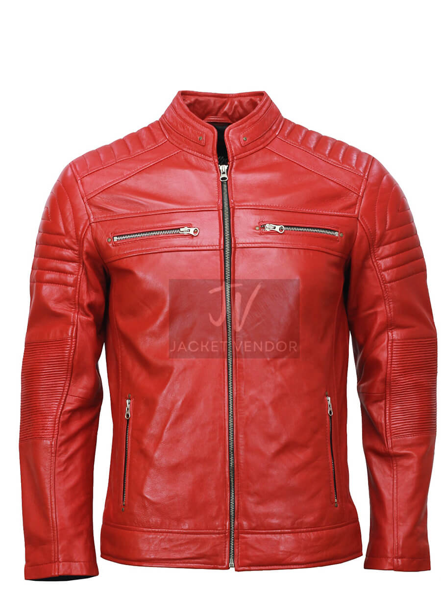 Mens Red Biker Cafe Racer Leather Jacket