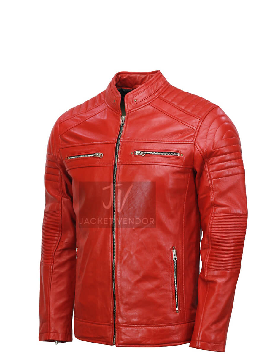 Mens Red Biker Cafe Racer Leather Jacket