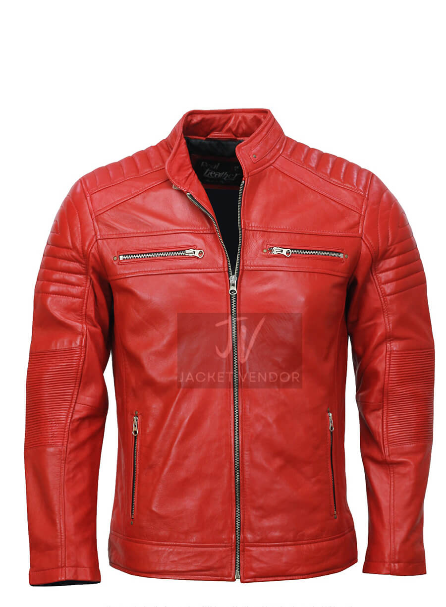 Mens Red Biker Cafe Racer Leather Jacket