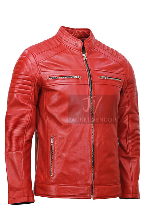 Mens Red Biker Cafe Racer Leather Jacket