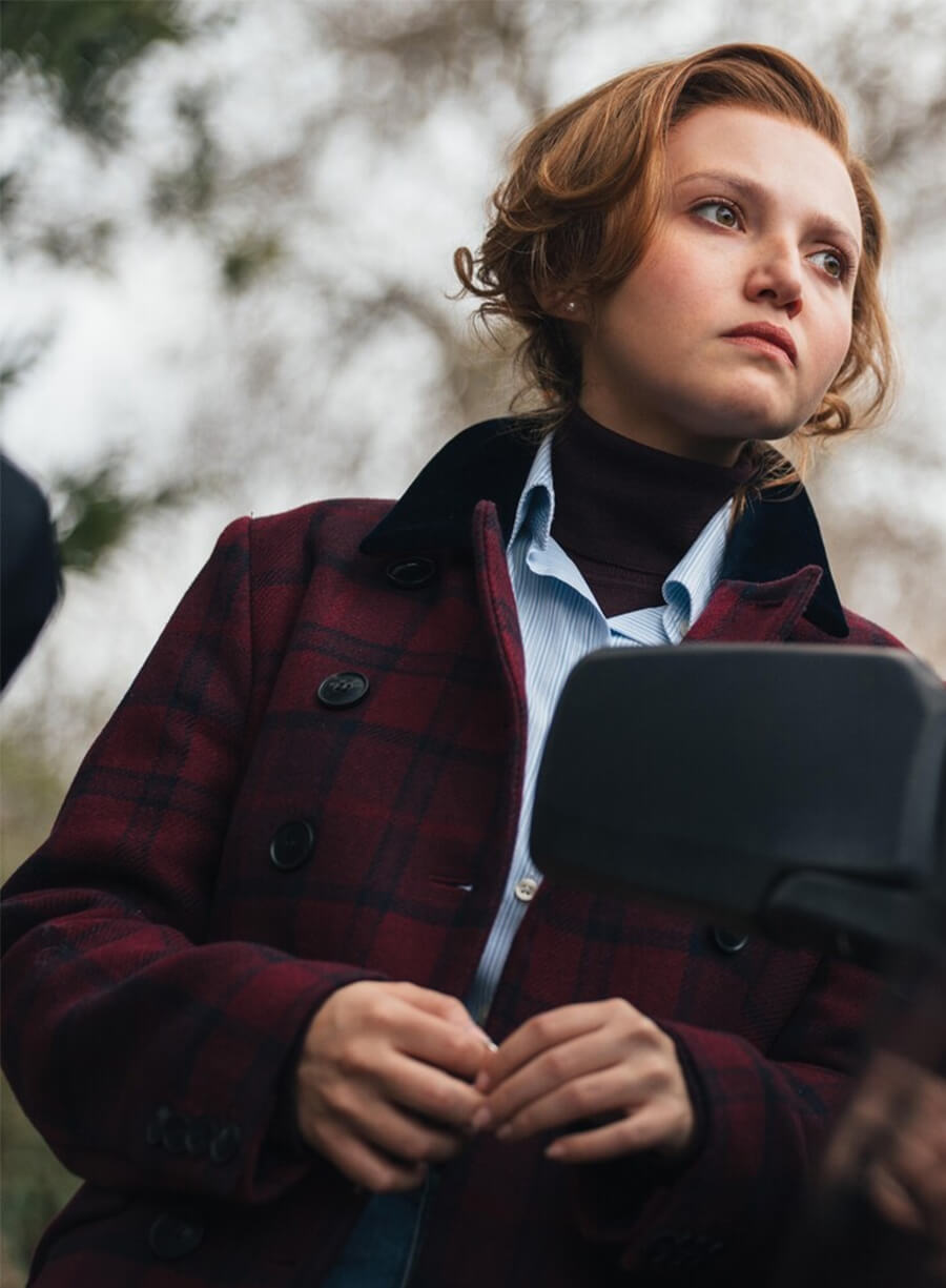 Mia McKenna-Bruce The Lady Jane Andrews Red Plaid Coat