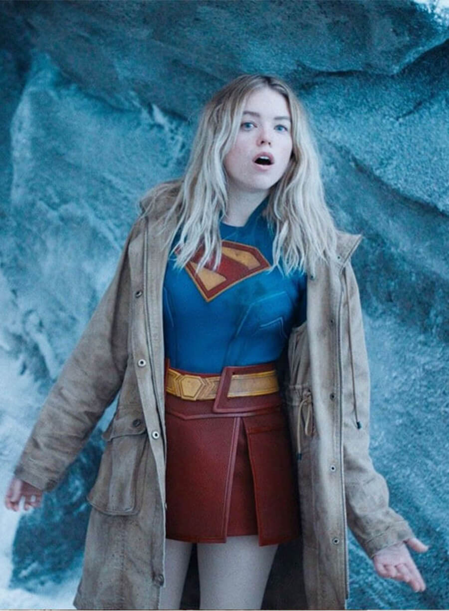 Milly Alcock Supergirl 2026 Brown Hooded Jacket