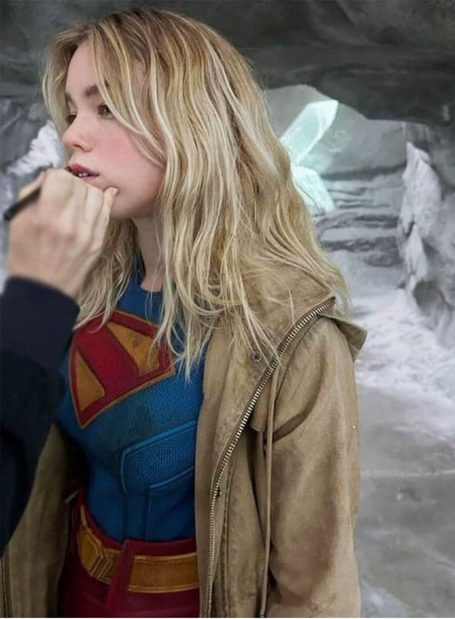 Milly Alcock Supergirl 2026 Brown Hooded Jacket