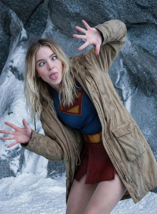 Milly Alcock Supergirl 2026 Brown Hooded Jacket