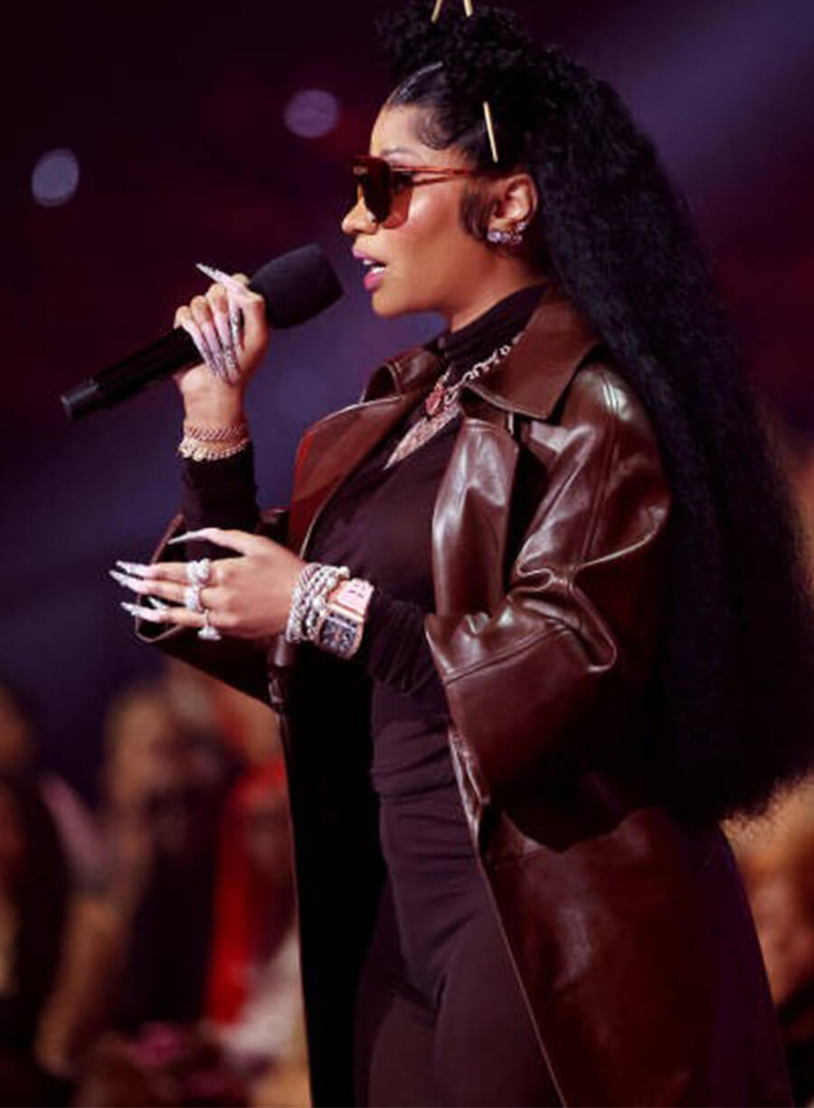 Nicki Minaj Music Awards 2023 Brown Leather Coat