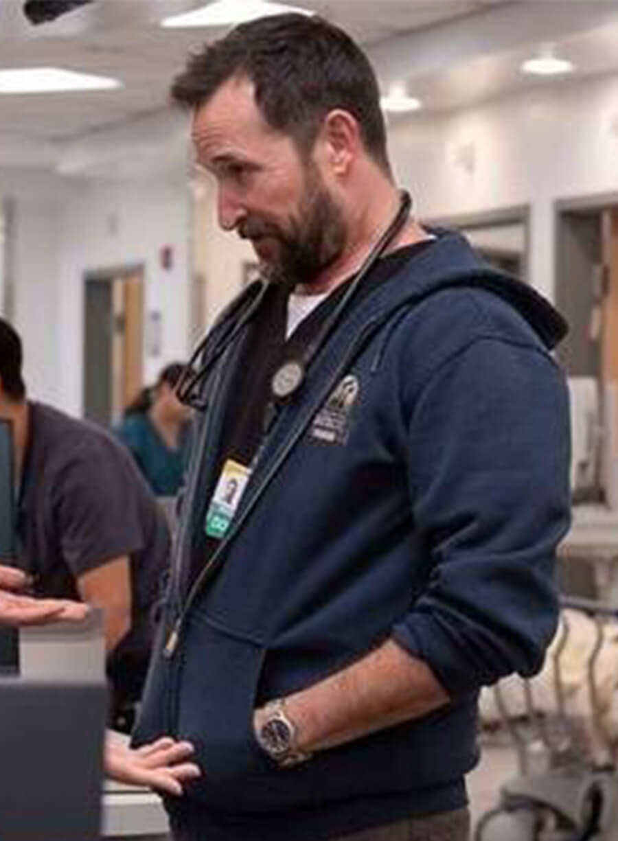 Noah Wyle The Pitt Dr. Michael Robinavitch Blue Hooded Zipper Jacket