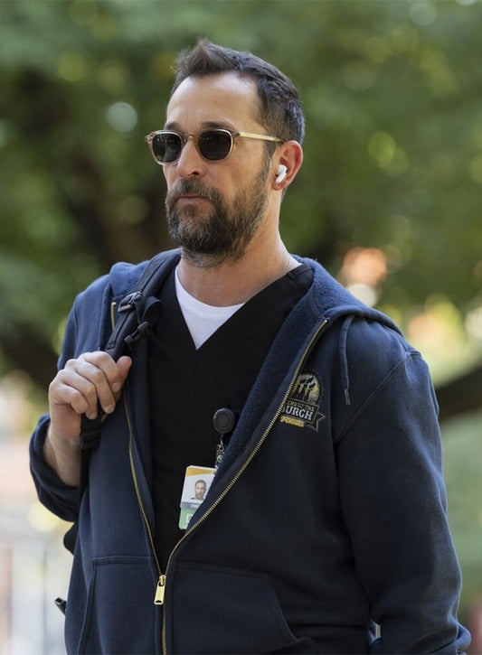 Noah Wyle The Pitt Dr. Michael Robinavitch Blue Hooded Zipper Jacket