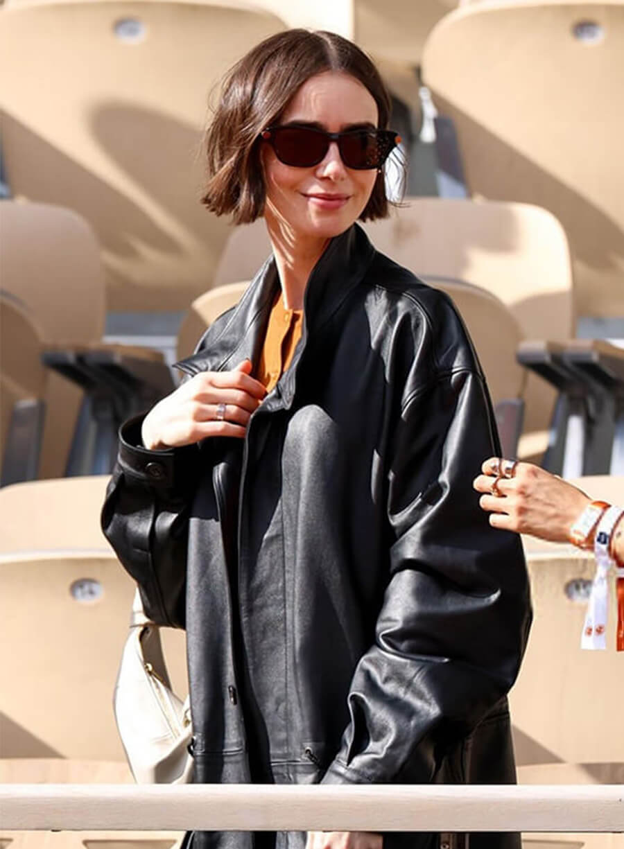 Open French Show 2026 Lily Collins Black Leather Jacket