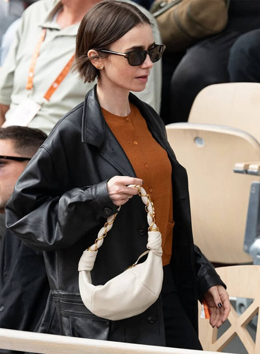 Open French Show 2026 Lily Collins Black Leather Jacket