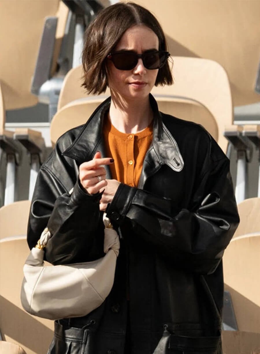 Open French Show 2026 Lily Collins Black Leather Jacket