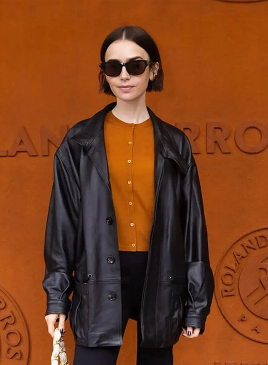 Open French Show 2026 Lily Collins Black Leather Jacket