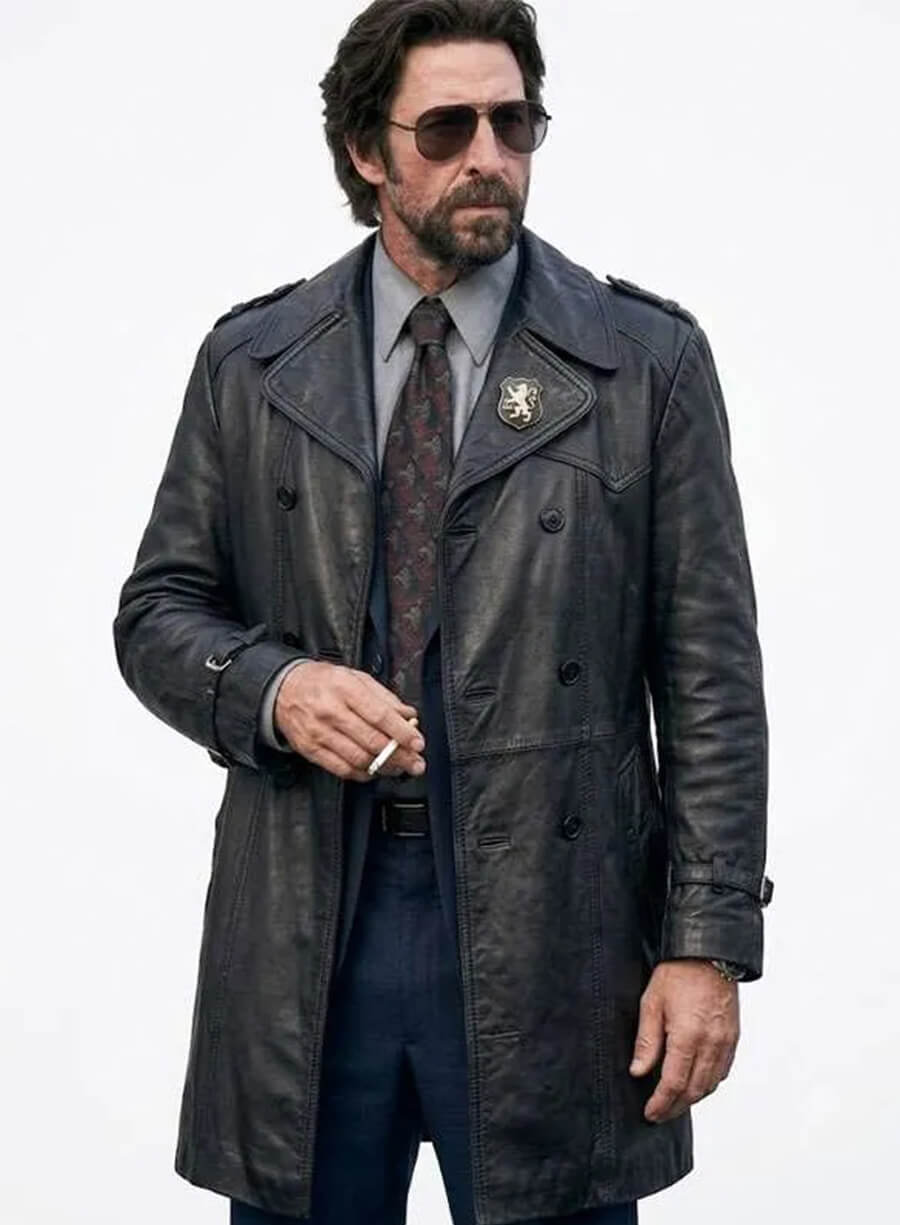 Pablo Schreiber Motor City 2026 Lieutenant Savick Leather Coat