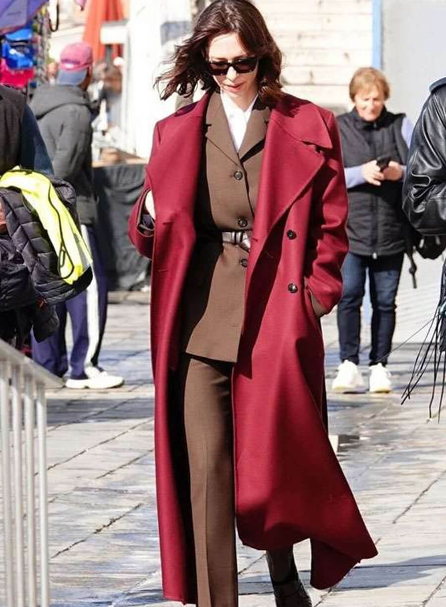 Rebecca Hall The Beauty 2026 Jordan Bennett Maroon Coat