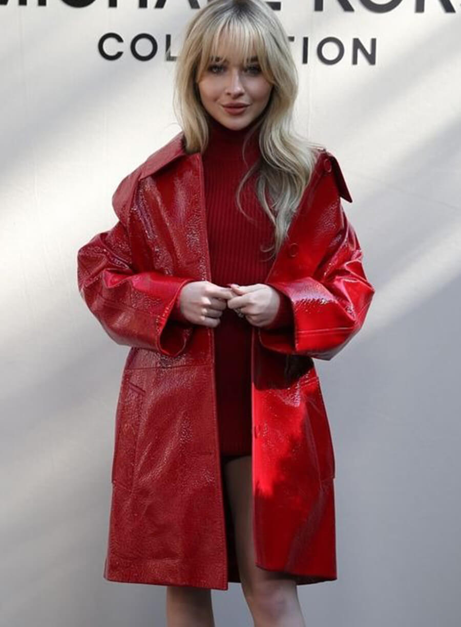 Sabrina Carpenter NYFW Event Red Leather Coat
