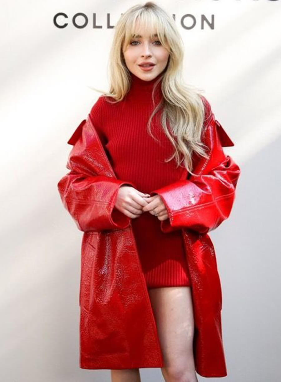 Sabrina Carpenter NYFW Event Red Leather Coat