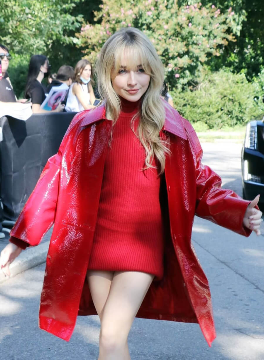 Sabrina Carpenter NYFW Event Red Leather Coat
