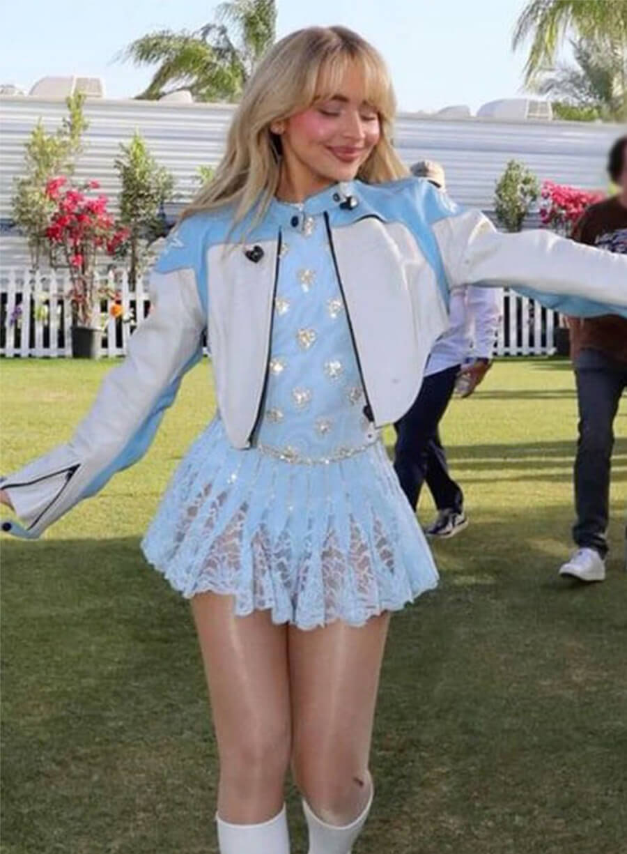 Sabrina Carpenter White Blue Leather Jacket 