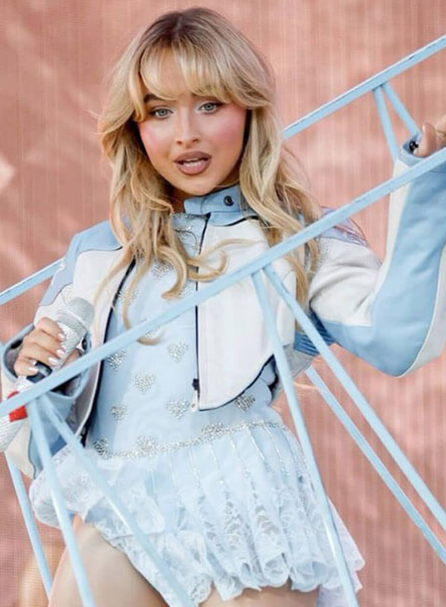 Sabrina Carpenter White Blue Leather Jacket 