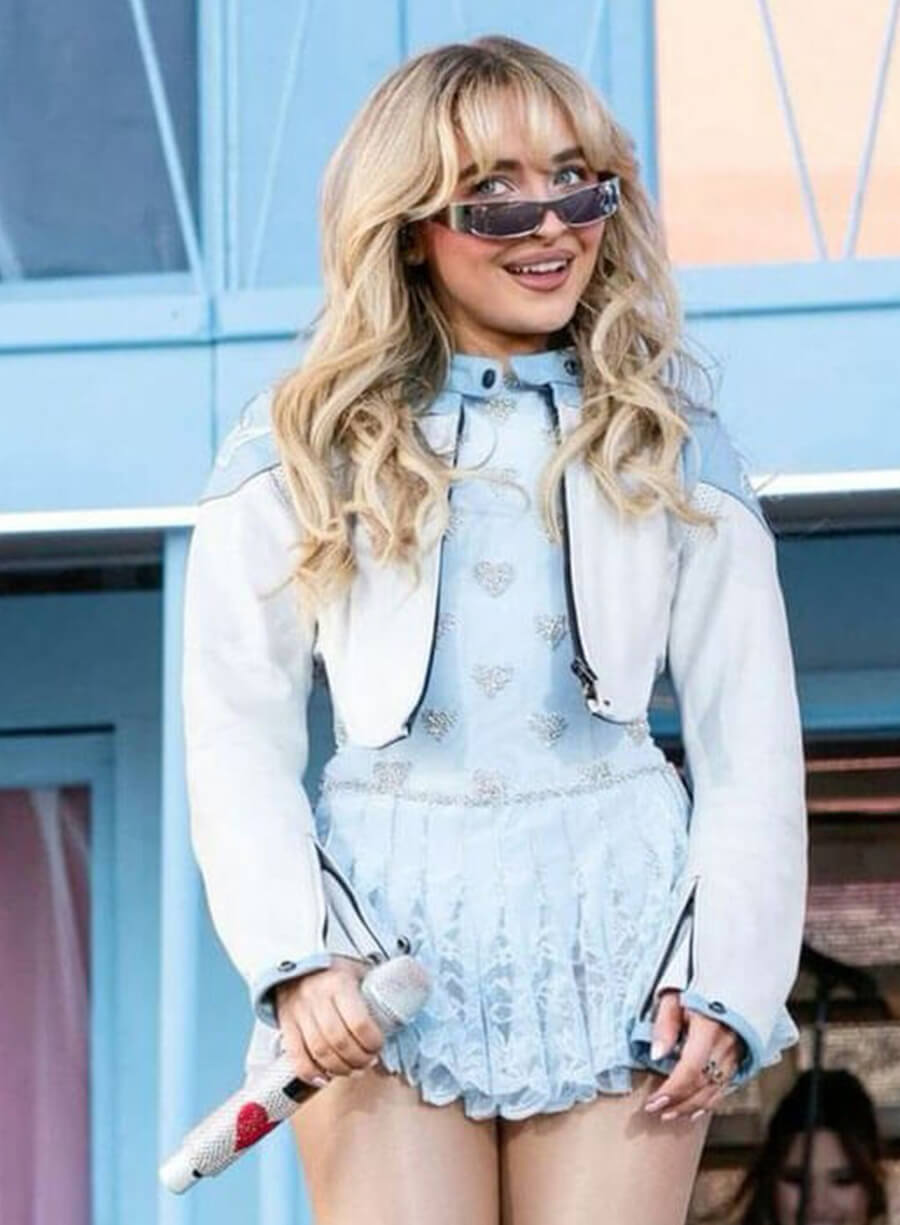 Sabrina Carpenter White Blue Leather Jacket 