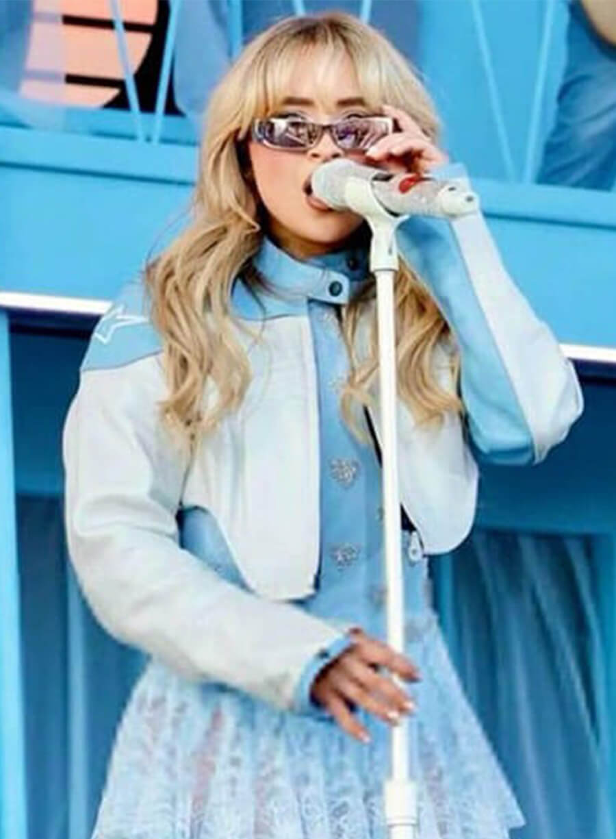 Sabrina Carpenter White Blue Leather Jacket 